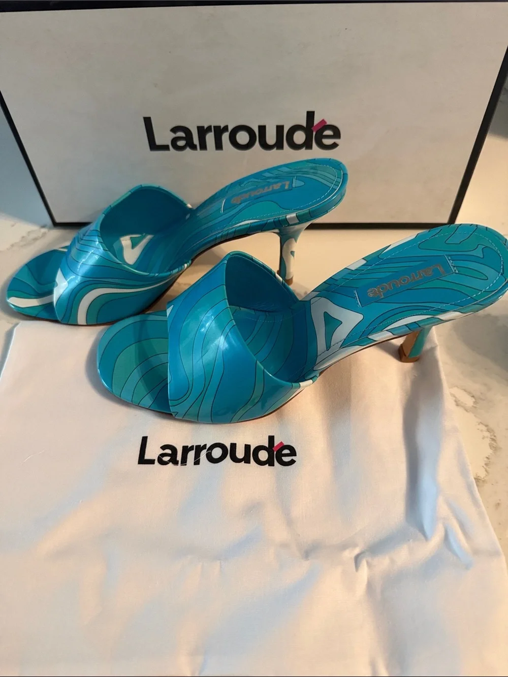 Larroude Turquoise Patterned Slide Mules